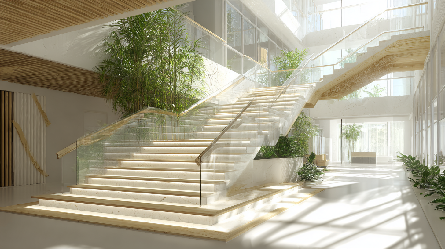 Innen­treppe mit SolarFlow-Lichtgeländer: Tagsüber strömt diffuses Tageslicht aus dem transparenten Handlauf